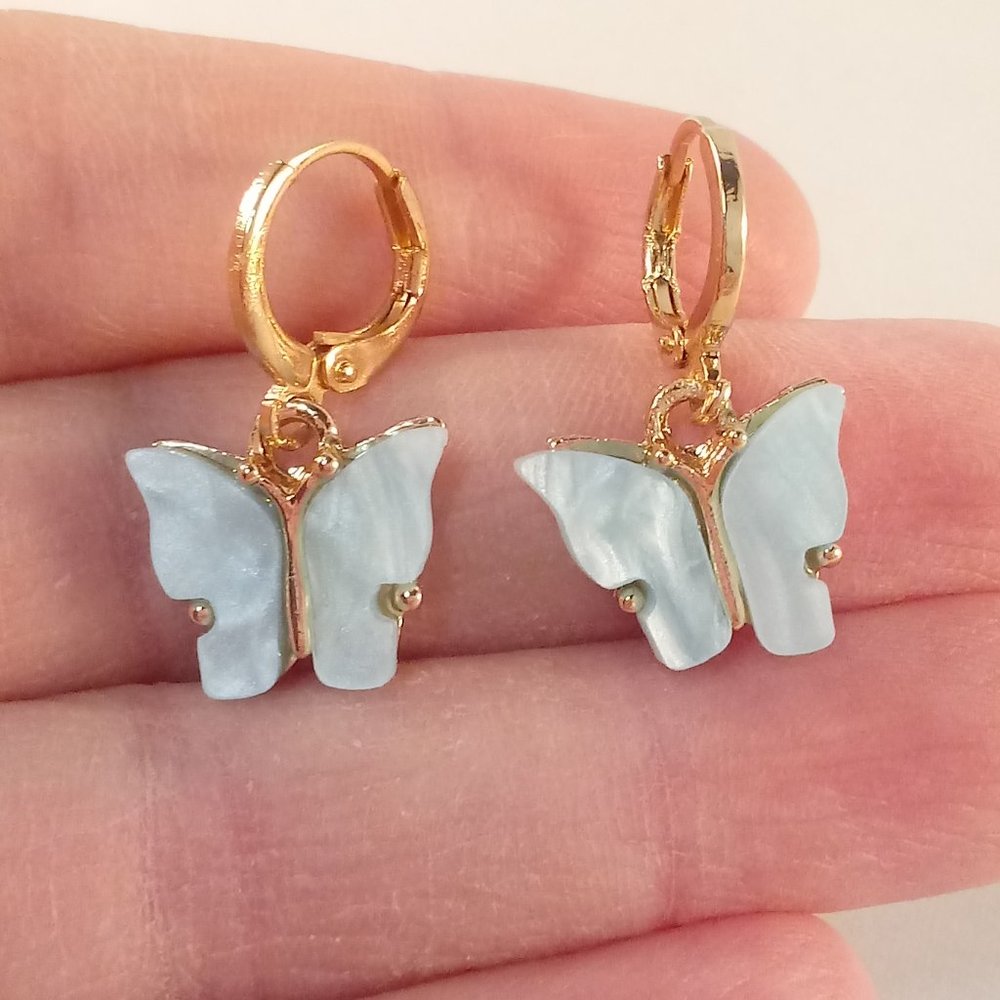 Gold Plated Blue Opal Resin Butterfly Dangle Earrings 12mm Party Gift